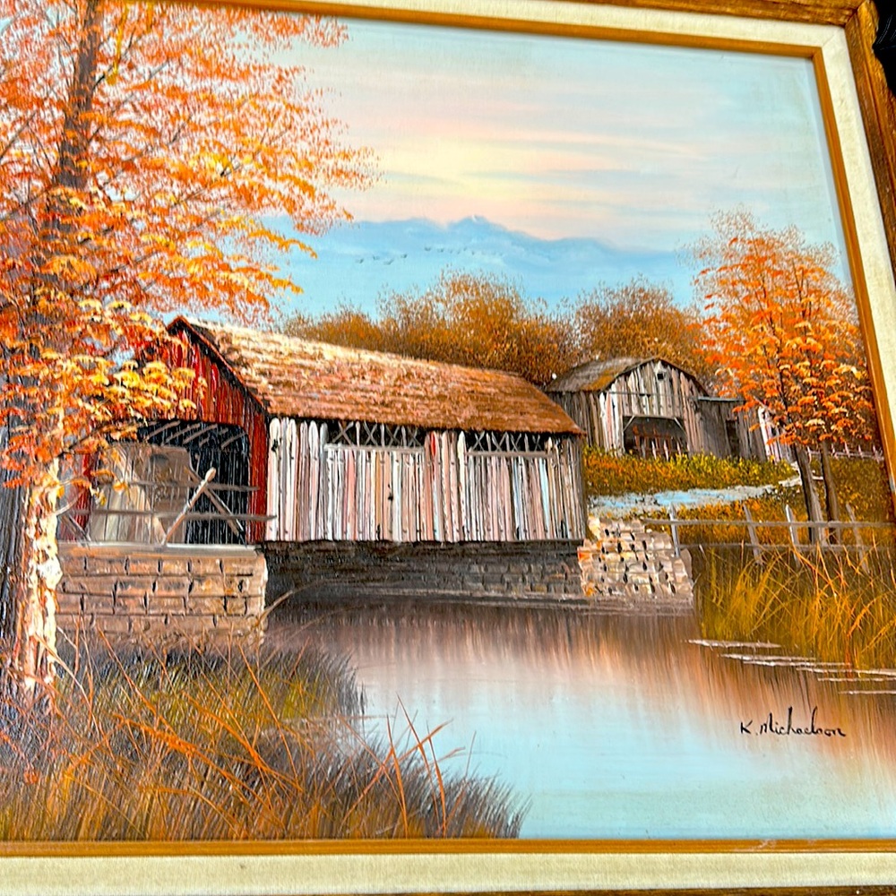K.Michelson oil painting covered bridge , fall season. Stunning work 1970-90s
